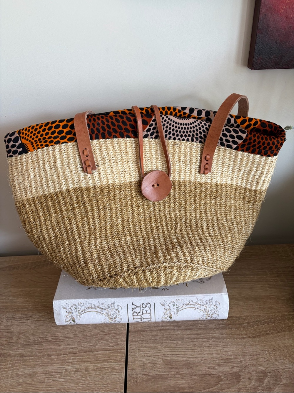 Handwoven Straw Tote with Orange Accent and Leather Straps